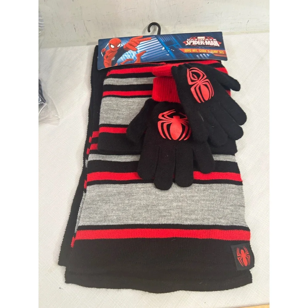 Marvel Spider-Man Hat Scarf Gloves Set OSFM Red Black Striped Boys Cold Weather